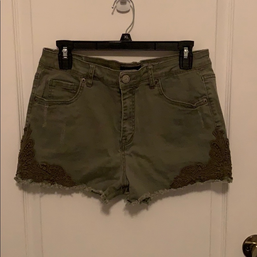 Army green denim lace shorts